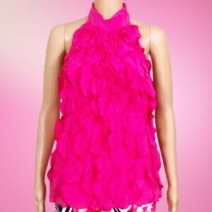 SILK! BCBGMAXAZRIA size XXS fuchsia sleevelesss frilly backless top 100% silk